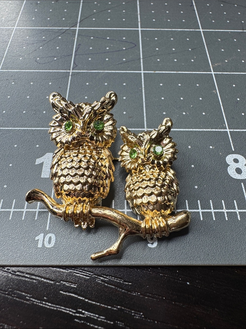 Gold-Tone Owl Duo Brooch with Green Crystal Eyes